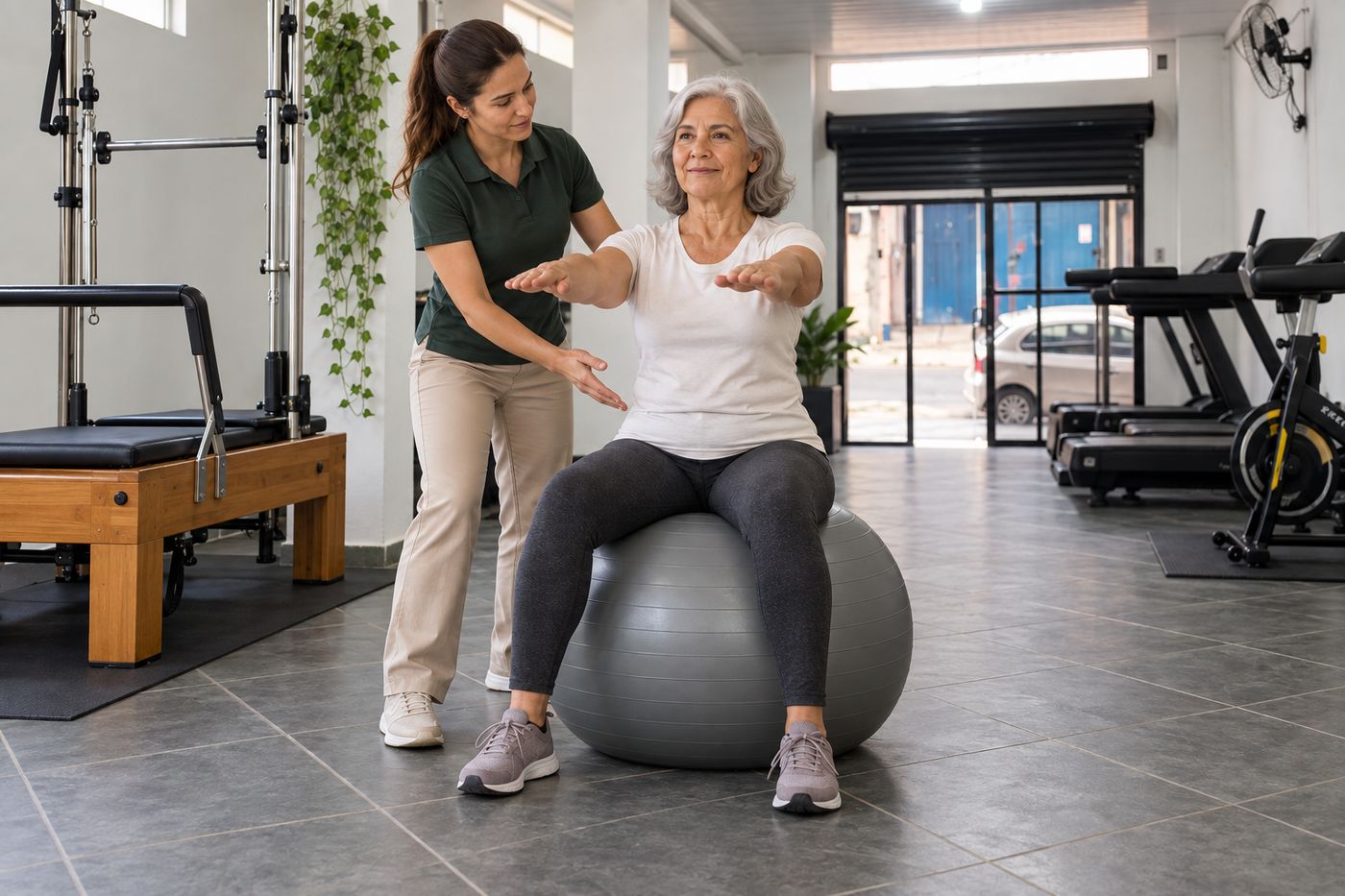 Senhora sentada na bola de pilates com os braços esticados à frente, orientada pela fisioterapeuta