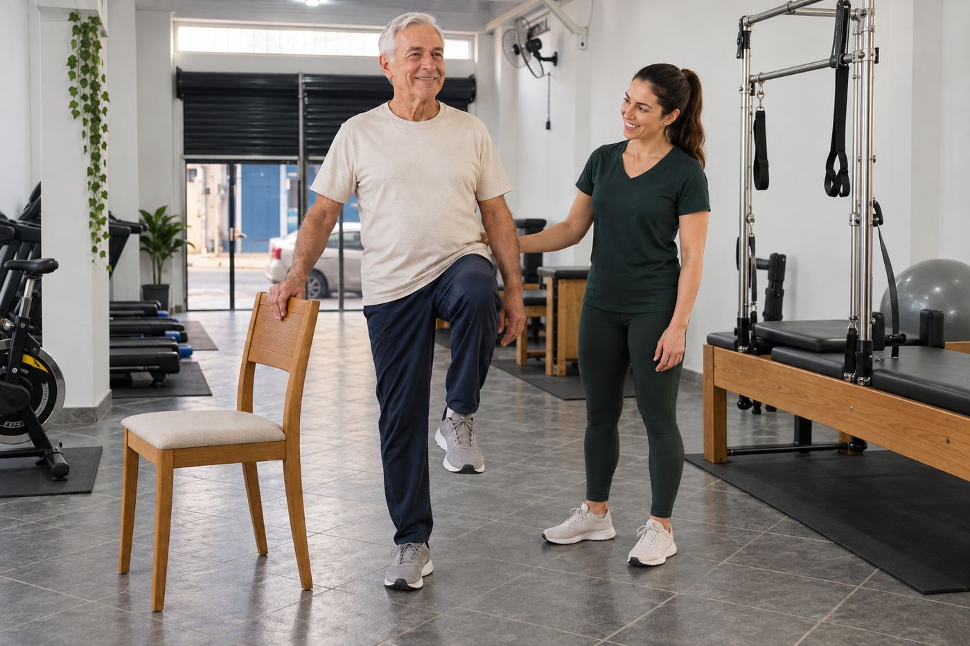 Senhor levantando um joelho com a mão apoiada no encosto de uma cadeira, ao lado da fisioterapeuta
